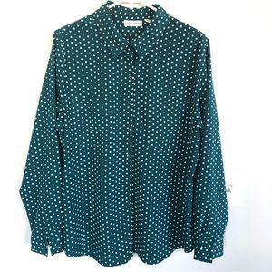 Susan Graver Polka Dot Stretch Woven Button Front Shirt in Green, Size 16